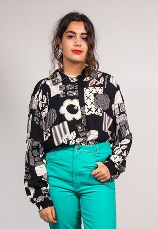 VINTAGE 90'S MONOCHROME PATTERNED LONG SLEEVE SHIRT