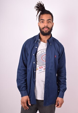 RALPH LAUREN MENS VINTAGE SHIRT LARGE NAVY BLUE 90S