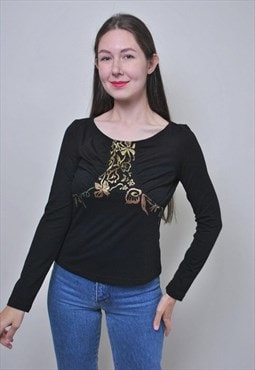 Vintage black pullover blouse, 90s floral casual shirt 