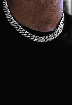 12mm 16" Diamond Iced Tennis Curb Necklace Chain - Silver