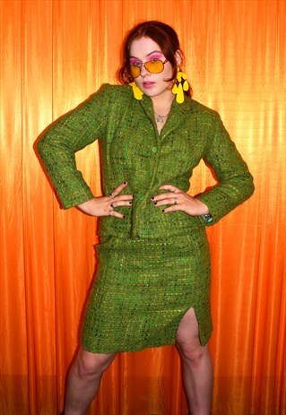 VINTAGE 80S SKIRT SUIT GREEN BLAZER PENCIL SKIRT CO ORD