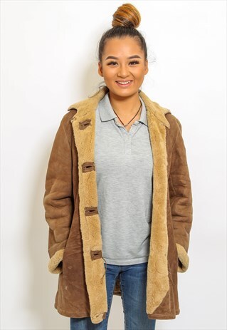 VINTAGE SHEARLING COAT FAUX FUR LINED JACKET IN BROWN MEDIUM