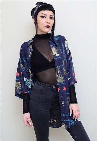 VINTAGE 90'S SILK NAUTICAL PATTERNED OVERSIZED SHIRT