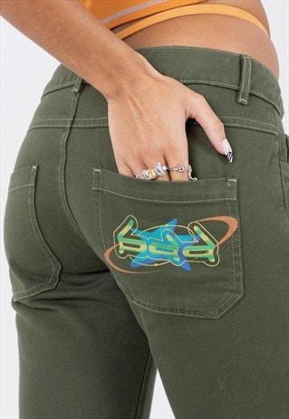 Low Rise Lace Up Flare Jeans with Thong Detail
