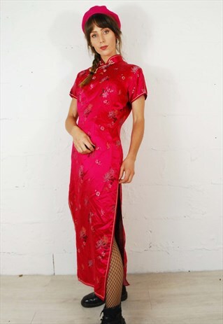 VINTAGE 90S GRUNGE EMBROIDERED COCKTAIL MAXI DRESS PINK
