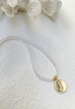 Gold Letter Faux Pearl Initial  J Charm Pendant  Necklace