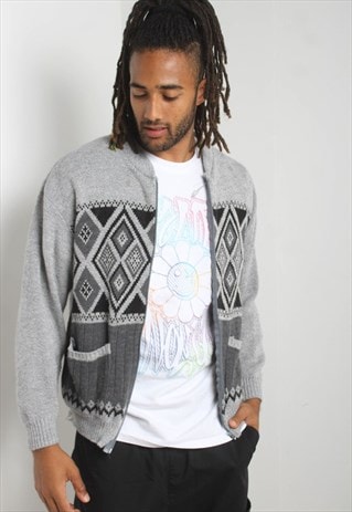 VINTAGE 90'S CRAZY PATTERNED CARDIGAN GREY