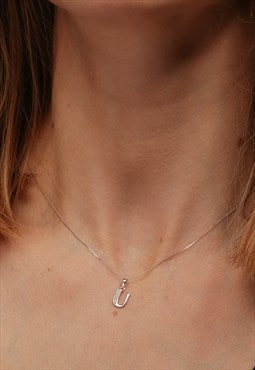Solid White Gold Diamond "U" Initial Pendant Necklace