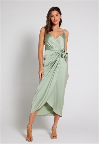 ROSA TIE SIDE SATIN CAMI WRAP DRESS - SAGE GREEN