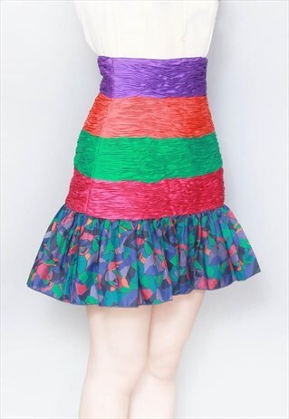 VINTAGE 1980'S SILK JOLIE FEMME VIBRANT RUFFLED MINI SKIRT