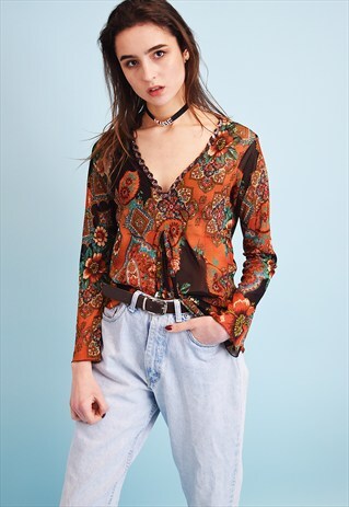 90'S RETRO BOHO ORIENTAL PATTERN SHEER MESH TOP BLOUSE