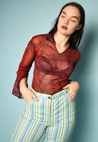 VINTAGE Y2K RETRO KITSCH SHEER MESH SHIMMER FLARE SLEEVE TOP