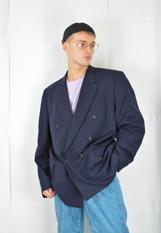 VINTAGE DARK BLUE STRIPED CLASSIC SUIT BLAZER