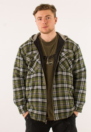 VINTAGE 90S GREEN PLAID FLANNEL HOODED QUILTED JACKET XL