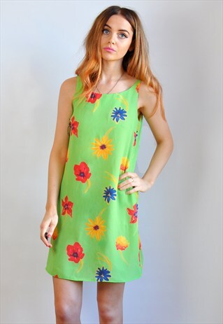 VINTAGE 90S LIME GREEN FLORAL WAVY MINI DRESS