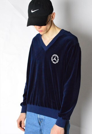 VINTAGE 70S NAVY BLUE VELVET MERCEDES BENZ SWEATSHIRT