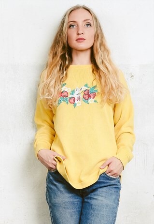 VINTAGE 80S YELLOW STRAWBERRY PATCH JUMPER