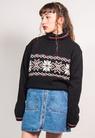 VINTAGE 90'S BLACK FAIRISLE PATTERN TURTLE NECK JUMPER