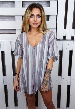 STRIPED COTTON DEEP V BOYFRIEND STYLE REWORKED SHIRT