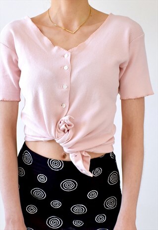 VINTAGE 90S RIBBED BUTTON DOWN PINK TOP - S/M