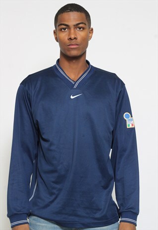 VINTAGE NIKE ITALY LONG SLEEVED FOOTBALL SHIRT T-SHIRT BLUE