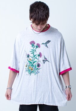 Vintage Bird Floral Pattern Graphic T-Shirt in Grey XL