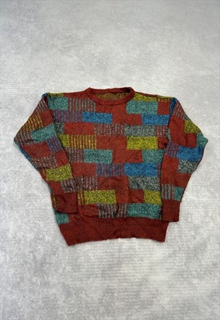 VINTAGE KNITTED JUMPER ABSTRACT PATTERNED GRANDAD SWEATER