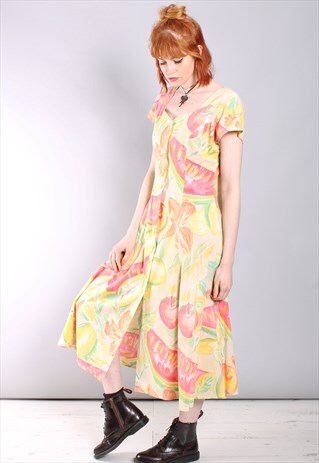 VINTAGE 80S WATERMELON FLORAL PATTERNED BUTTON MAXI DRESS