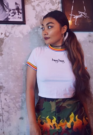 CUTE MISTAKE CROPPED TEE WHITE W/ RAINBOW NECK & EMBROIDERY