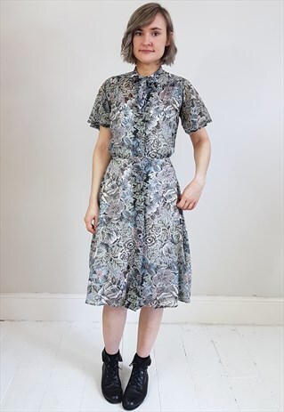 VINTAGE 70'S GREY FLORAL SHEER FLOATY BUTTON UP DRESS W/ TIE