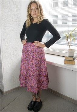 Vintage 70's Multicolour Floral Print A Line Midi Skirt