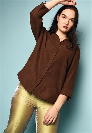 Y2K RETRO MINIMALIST FAUX SUEDE SHIRT TOP IN BROWN