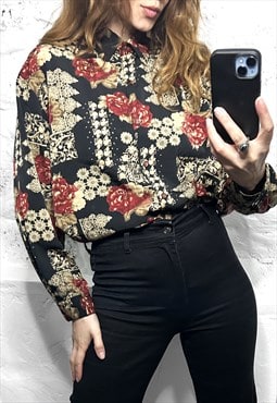 Beautiful Black Roses Print Retro Blouse / Shirt - Large 