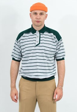 Vintage 90s polo shirt in striped green pattern L