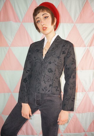 VINTAGE 90S BLACK FLORAL LIGHTWEIGHT BLAZER JACKET