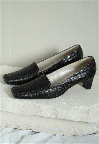 VINTAGE CROCODILE PATTERN BLACK COURT SHOES SQUARE TOE