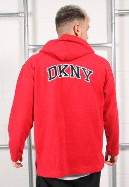 Vintage DKNY Hoodie in Red Fleece Pullover Jumper Medium