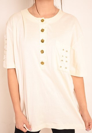 VINTAGE 90'S RETRO OVERSIZED JERSEY TOP T-SHIRT IN CREAM