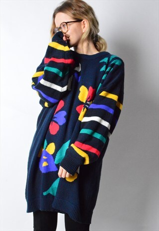 VINTAGE 90S NAVY BLUE COLOURFUL FLOWER STRIPED KNIT JUMPER