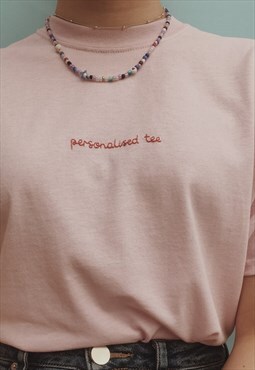 light pink personalised hand embroidered t-shirt