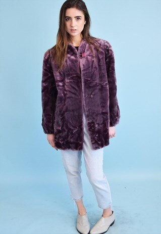 VINTAGE 90'S RETRO OVERSIZED FAUX FUR PURPLE COAT JACKET
