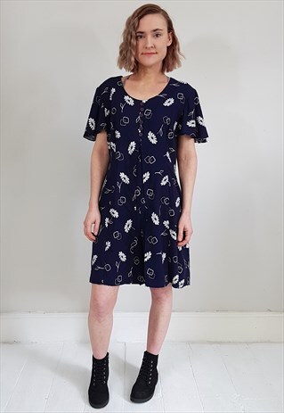VINTAGE 90'S NAVY BLUE AND WHITE BUTTON OVERLAY PLAYSUIT
