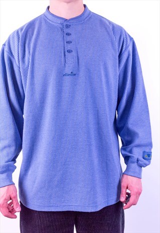 VINTAGE ELLESSE STRIPED GRANDAD BUTTON SWEATSHIRT IN BLUE XL