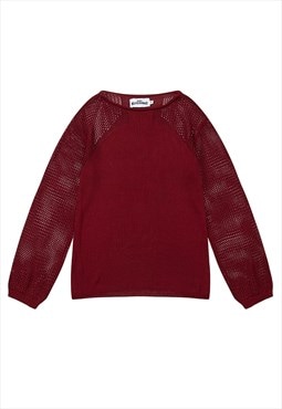 Transparent sweater sheer sleeves knitted jumper in red
