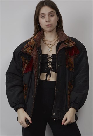 VINTAGE 80'S BLACK FLORAL VELVET DETAIL PUFFER JACKET