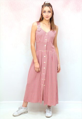 1990S VINTAGE RED GINGHAM BUTTON DOWN MIDI DRESS