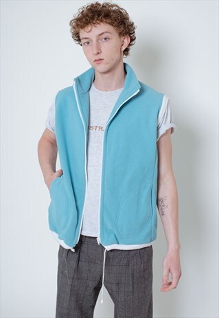 VINTAGE HIGH NECK ZIP THROUGH UNISEX FLEECE VEST IN BLUE M/L