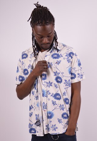 TOMMY HILFIGER MENS VINTAGE SHIRT LARGE WHITE FLORAL 90S
