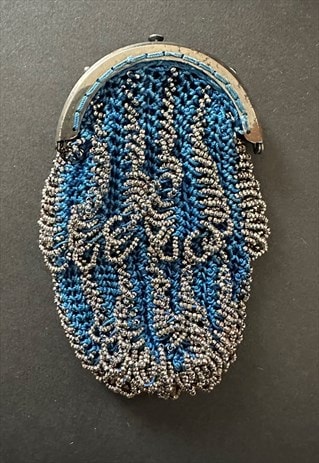 20's Blue Crochet Silver Metal Beaded Coin Purse