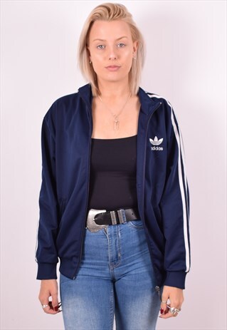 ADIDAS WOMENS VINTAGE TRACKSUIT TOP JACKET XL NAVY BLUE 90S